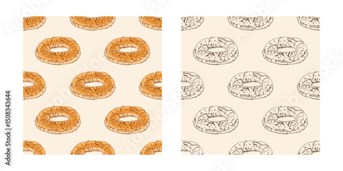 Hand drawn vintage seamless pattern of round bagels in engraving style, color and monochrome versions on beige background