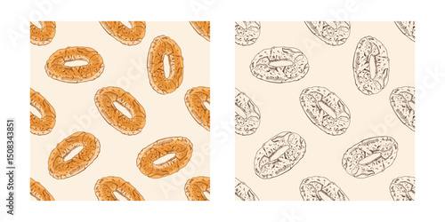 Hand drawn vintage seamless pattern of round bagels in engraving style, color and monochrome versions on beige background