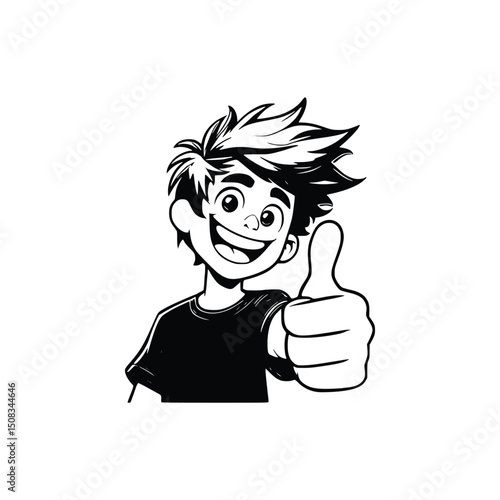 Vector art of Cartoon boy giving a thumbs up isolated on white background, expressing approval and positivity