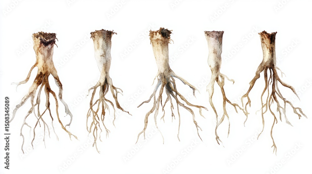 Obraz premium Watercolor Gnarled Roots: Five Small Roots on White Surface