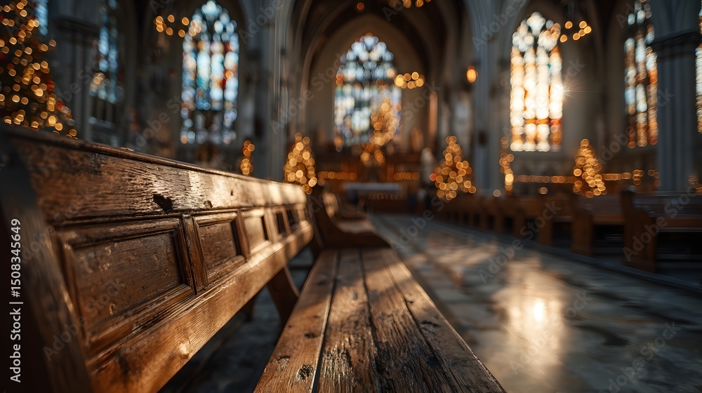 Fototapeta premium Golden light through church window, empty pew in foreground, holiday lighting - a moment of spiritual serenity