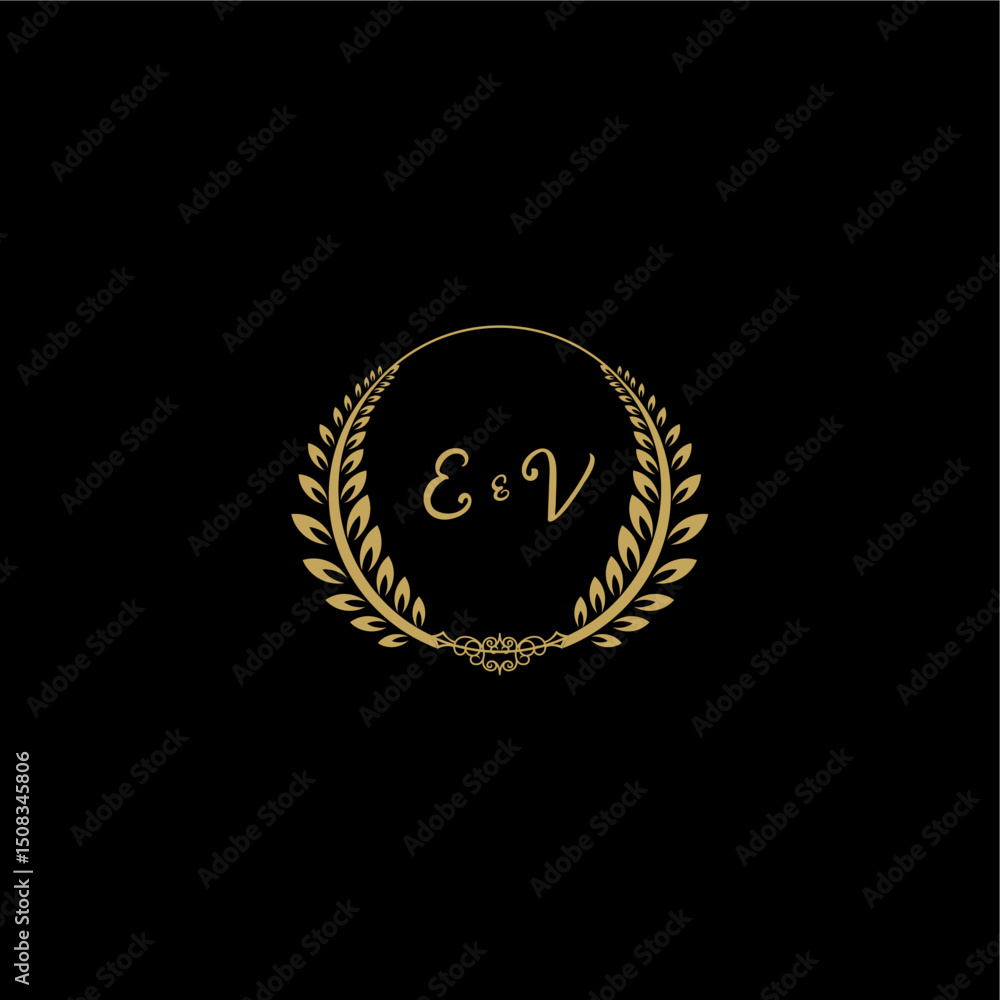 Naklejka premium EV beautiful, feminine and elegant wedding monogram initial logo with circle floral gold