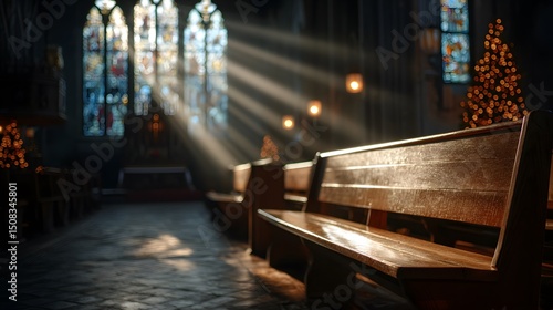 Golden light through church window, empty pew in foreground, holiday lighting - a moment of spiritual serenity