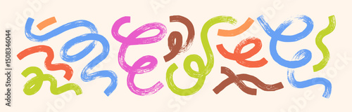 Abstract swirls, brushstrokes in doodle style. Curvy wavy shapes, spiral paint brush strokes, design elements set. Drawn textured curves, curls. Flat vector illustration isolated on white background.