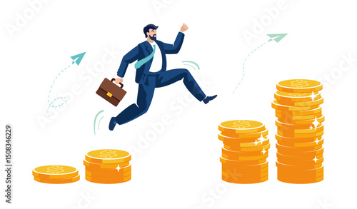Business. Happy businessman investor running up, jumping on stack of money, gold dollar coins compound interest, investment growth money. Prosperity and financial profitability. Vector illustration