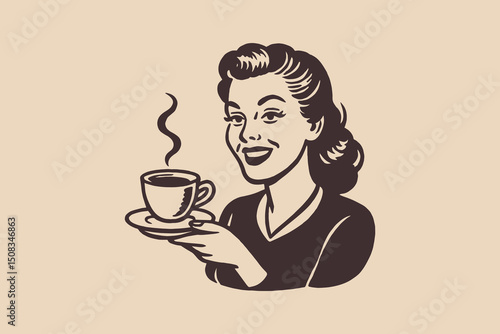 Woman with coffee cup retro bold icon style vector illustration