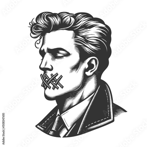 man with tape over his mouth, symbolizing censorship, silence, and suppressed expression or speech sketch engraving generative ai vector illustration. Scratch board imitation. Black and white image.