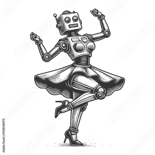 robot dancing joyfully and flashing a peace sign, symbolizing fun, technology, and playful energy sketch engraving generative ai vector illustration. Scratch board imitation. Black and white image.