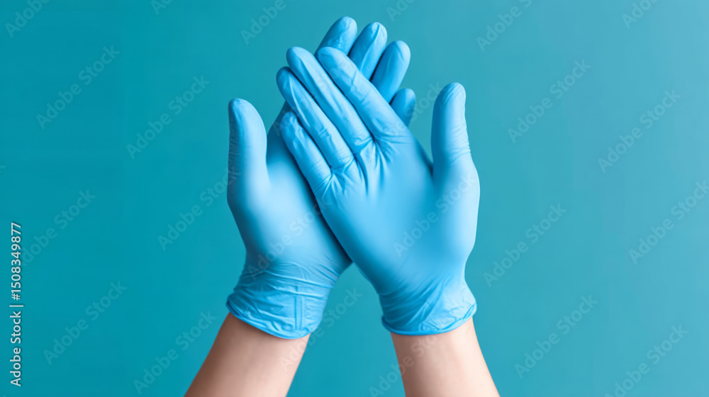 Obraz premium Two hands in azure gloves poised in applause, symbolizing Hygienic Ritual Day and the quirky Festivus of Cleanliness