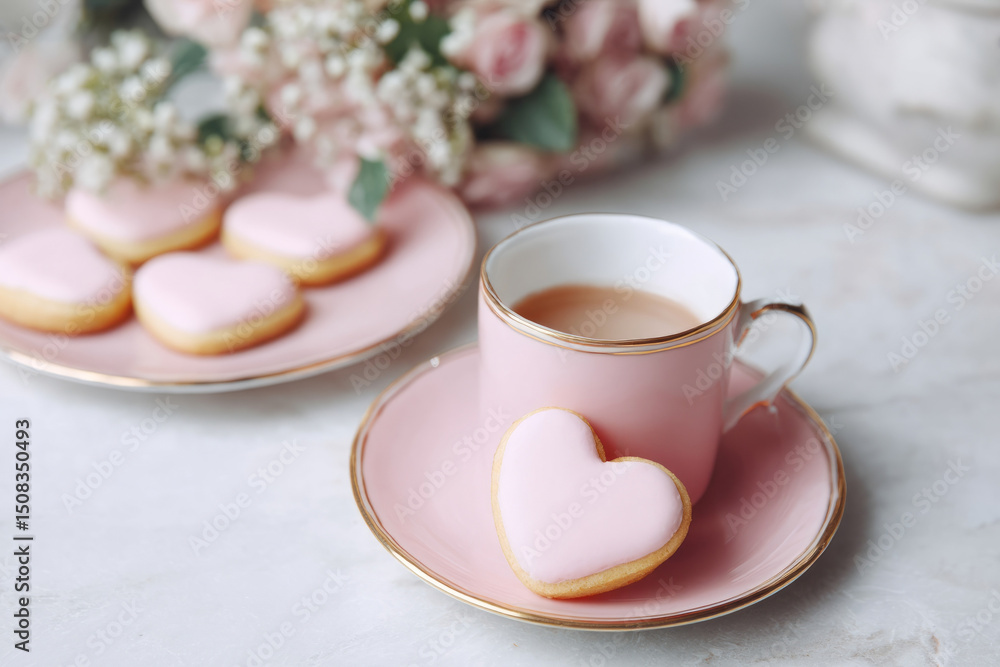 Delicate porcelain teacup with heart-shaped cookie, whispering romance, ephemeral tea rituals, enchanting soft hues, Valentine's allure Delicate porcelain teacup with heart-shaped cookie, whispering romance, ephemeral tea rituals, enchanting soft hues, Valentine's allure