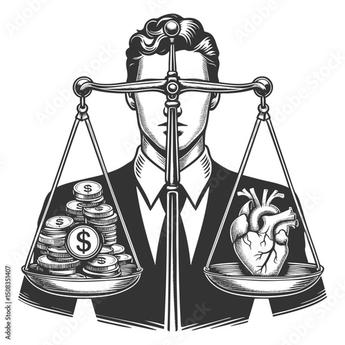 businessman holding scales with money and a heart, symbolizing moral choice, ethics, and value conflict sketch engraving generative ai vector illustration. Scratch board. Black and white image.