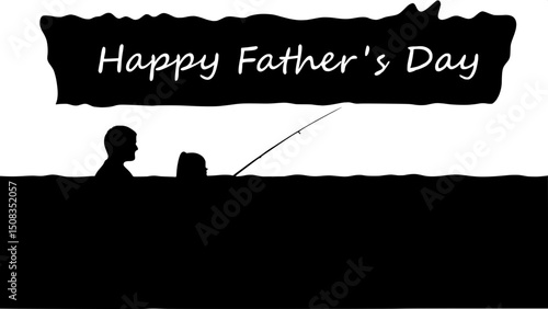 “Silhouette art of a father teaching his young daughter how to fish from a small boat, both figures in profile view. The daughter holds a fishing rod excitedly while the father gently guides her. ‘Hap