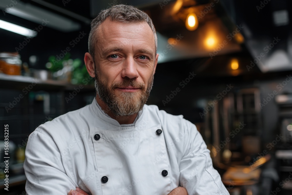 Fototapeta premium Confident chef posing with crossed arms in restaurant kitchen