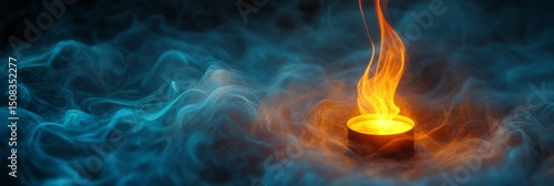 Orange flame rises from a dark base surrounded by blue smoke.