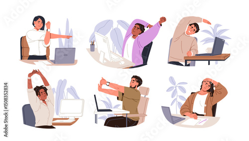 Office workers stretching, exercising at work desk set. Healthy people in chairs at computer tables, workplaces, break for neck, back pain relief. Flat vector illustration isolated on white background