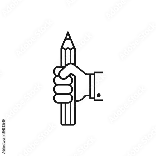 Hand holding a pencil. Vector icon. A hand clenches a large pencil in a fist. Illustration and drawing on white background.