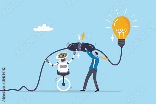 AI Artificial Intelligence support to business success, innovation or technology to get new idea, robot or automation for business concept, businessman plug in lightbulb with robot to work together.