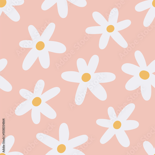 Daisy pattern, seamless floral print. Groovy retro design style, chamomile fl...