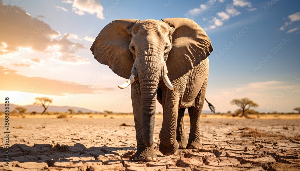 Fototapeta premium Majestic African elephant standing on cracked earth, illuminated by sunset, showcasing natural habitat in dry savanna landscape