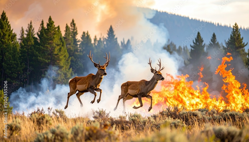 Fototapeta premium Two male deer running in a smoky landscape near a wildfire, surrounded by lush trees and dramatic skies