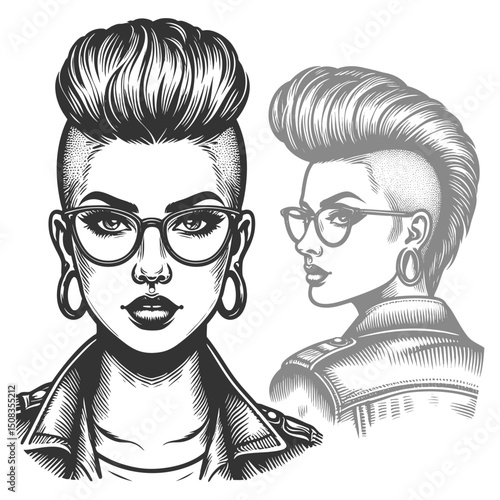 Stylish punk woman, mohawk and tattoos adjusting her glasses, alternative fashion sketch engraving generative ai fictional character vector illustration. Scratch board imitation. Black and white image