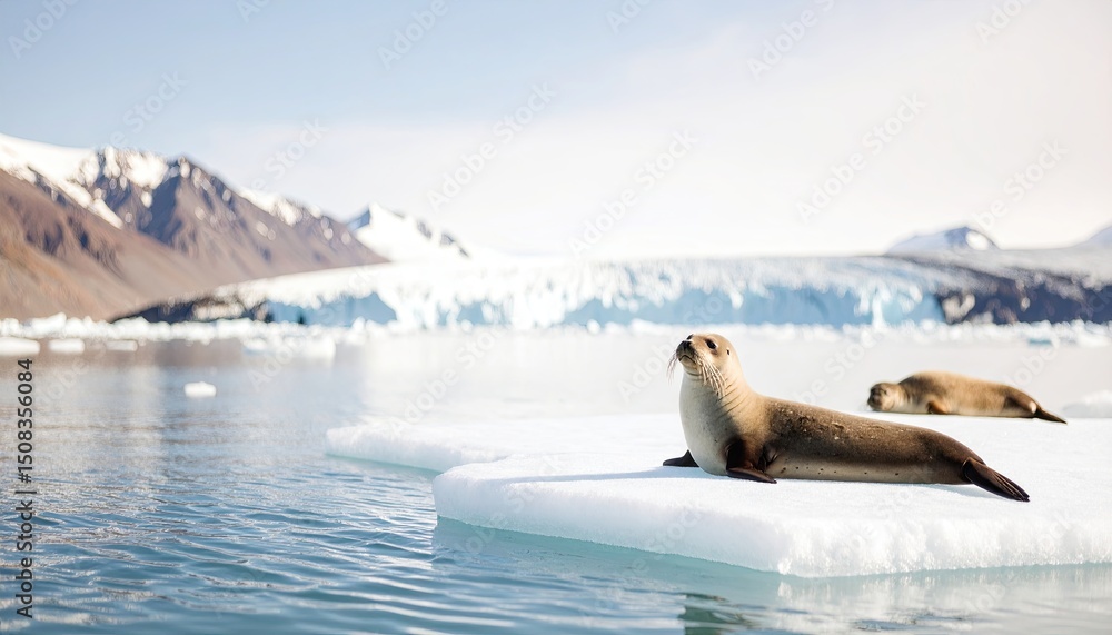 Obraz premium Seals lounging on ice floes in a serene arctic environment with snow-covered mountains in the background