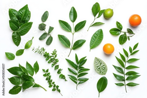 Variety of Green Leaves and Fresh Fruits on White Background