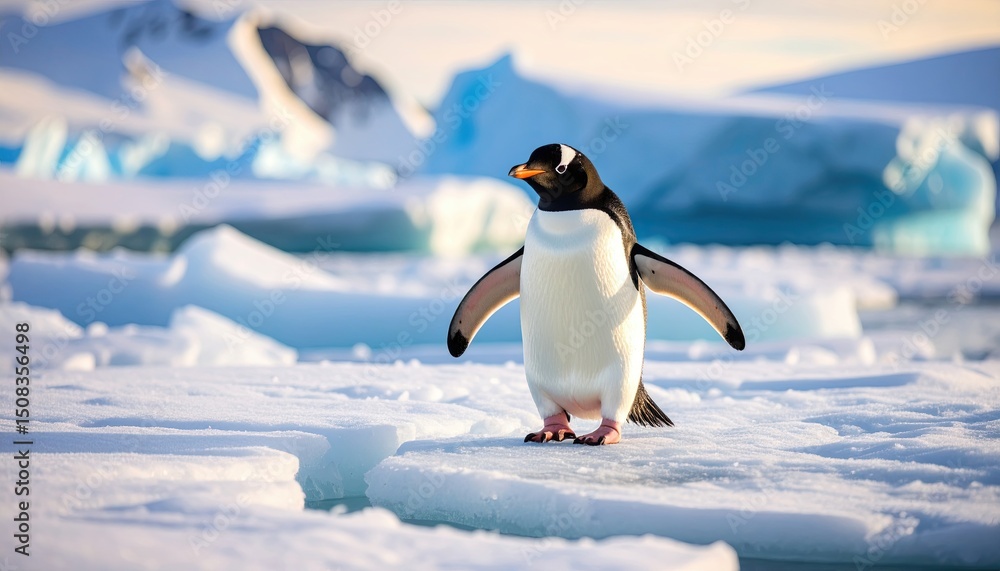 Fototapeta premium Gentoo penguin standing on ice floes, showcasing its distinctive coloring against an icy Antarctic landscape
