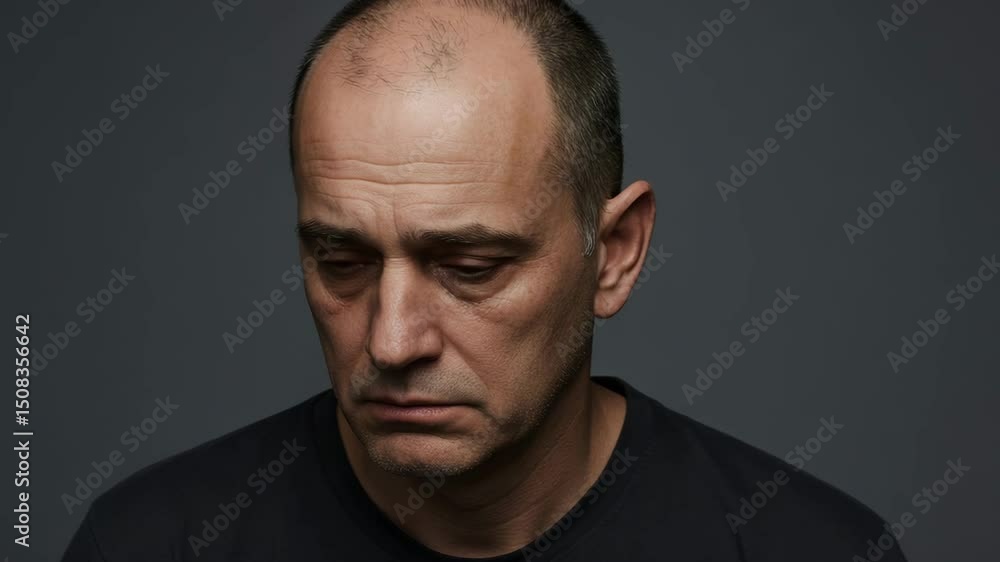 Middle-aged man looking down with a serious expression against dark background Middle-aged man looking down with a serious expression against dark background
