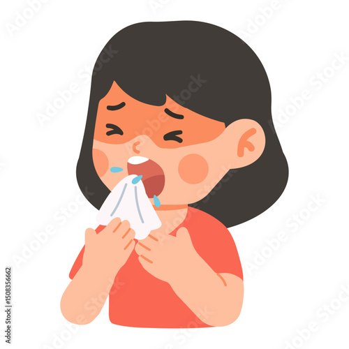 Cartoon Illustration of Sick Girl Sneezing