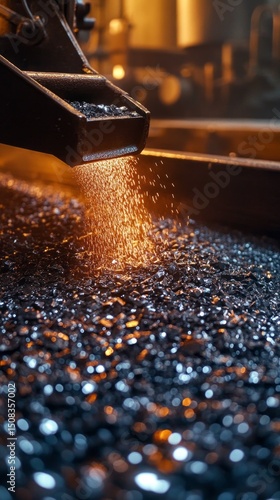 In an industrial facility, chromite ore is processed, showcasing its dark, glossy texture while ensuring the production of stainless steel. The activity highlights the raw material's significance