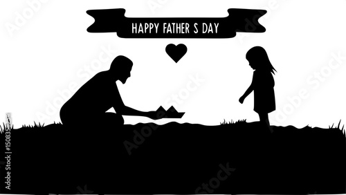 “Silhouette scene of a father and daughter building a paper boat together at the edge of a river. The boat floats between them with a heart symbol on it. Minimalist style with ‘Happy Father’s Day’ abo