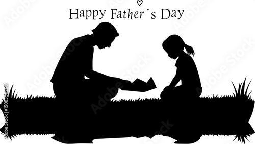 “Silhouette scene of a father and daughter building a paper boat together at the edge of a river. The boat floats between them with a heart symbol on it. Minimalist style with ‘Happy Father’s Day’ abo