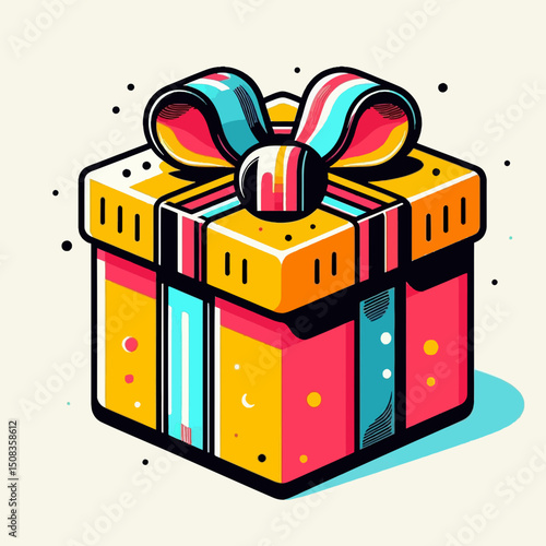 A vibrant, cartoon gift box with a colorful bow. Ideal for websites/blogs on celebrations, gifts, holidays, promotions, or e-commerce.