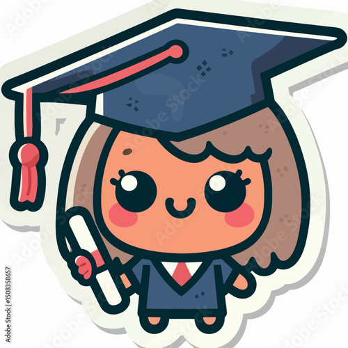 A cute kawaii cartoon girl graduate in a cap and gown, holding a diploma. Useful for graduation announcements, educational blogs, or celebratory content for students.