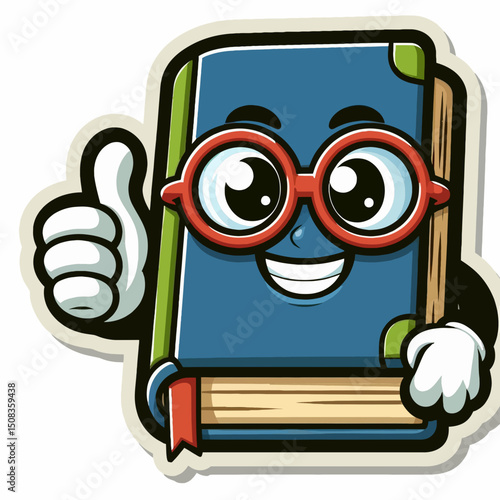 A cartoon book character with glasses giving a thumbs up. Useful for educational blogs, libraries, or bookstores recommending reads.