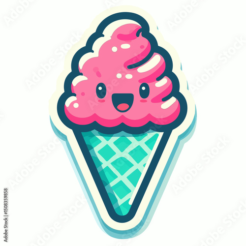 A cute cartoon pink ice cream cone with a smiling face. Useful for dessert blogs, ice cream shops, or summer-themed content.