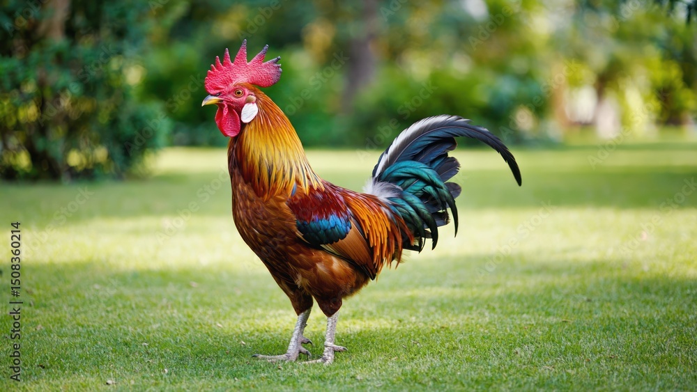 Fototapeta premium Colorful rooster on green grass