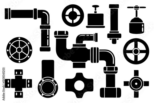 Plumbing Line Art Icons Set – Industrial Tools & Fixtures in Black and White Vector Style
