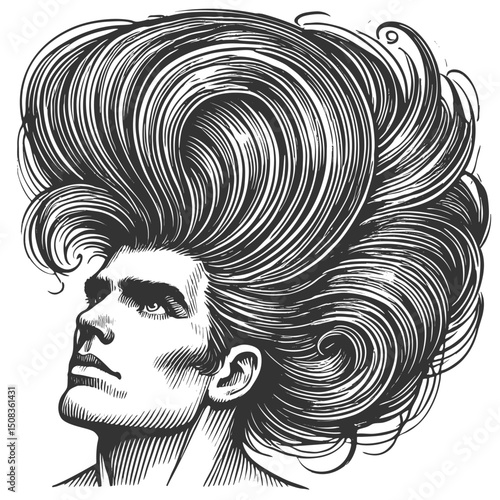 gentleman with an incredibly large, curly hairstyle, blending humor, surrealism, and vintage artistic style sketch engraving generative ai vector illustration. Scratch board. Black and white image.