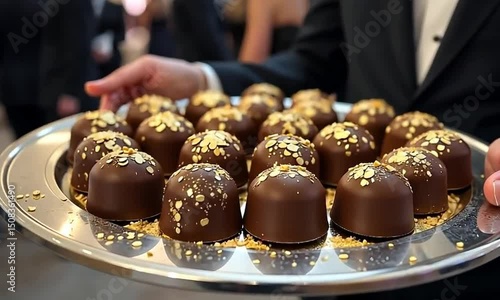 Gold-Leaf Gourmet Chocolates on Silver

Opulent Gold Chocolates at Gala

Luxury Chocolates with Gold Leaf

Gala Presentation of Gold Chocolates

Silver Tray with Gold Gourmet Chocolates