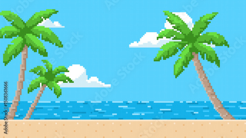 Pixel background with palm trees, sand and water horizon, blue sky with clouds.