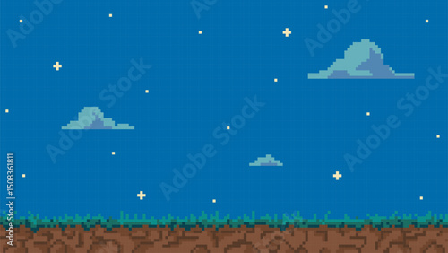 Pixel art background with night horizon, land, grass, sky with stars and clouds.
