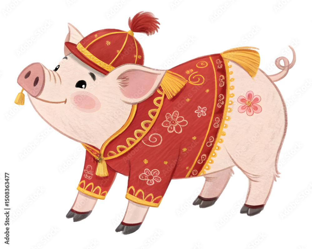 Fototapeta premium An adorable cartoon pig wearing a traditional Chinese New Year costume, isolated on a white background. The pig has a cheerful expression with big, shiny eyes and a playful smile