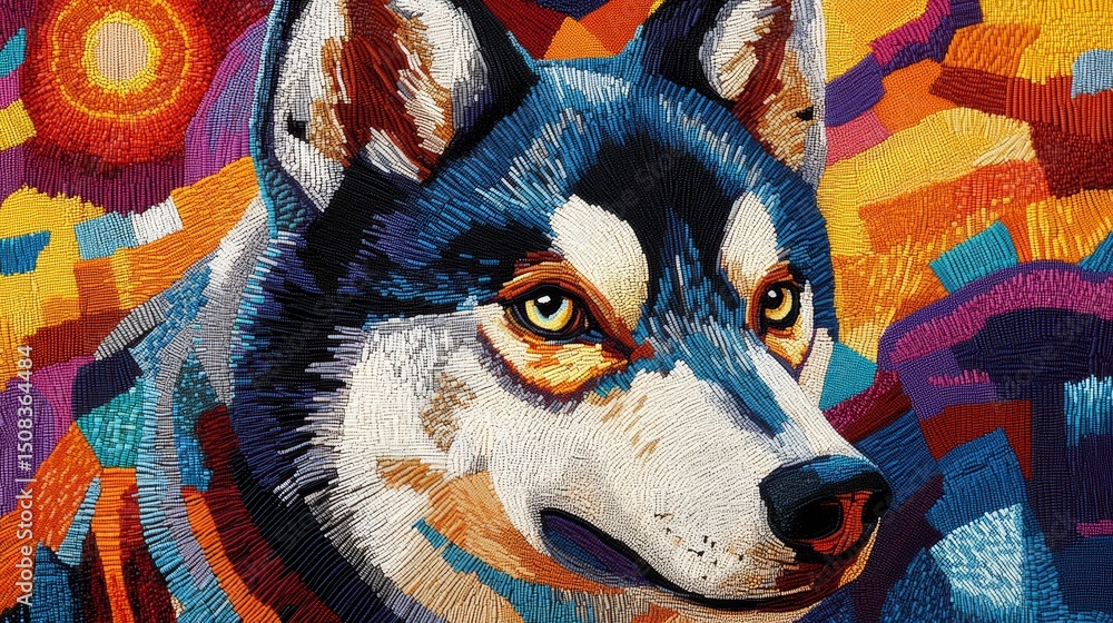 Obraz premium Colorful wolf head painting with abstract background in vibrant hues.