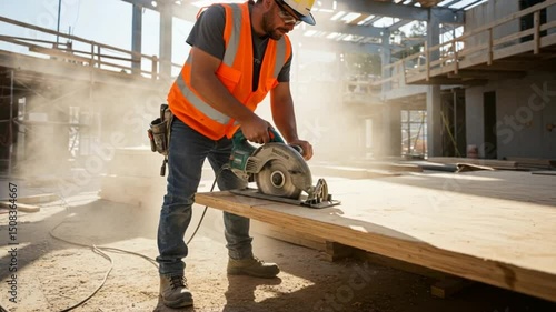 Construction Worker Using Circular Saw on Building Site