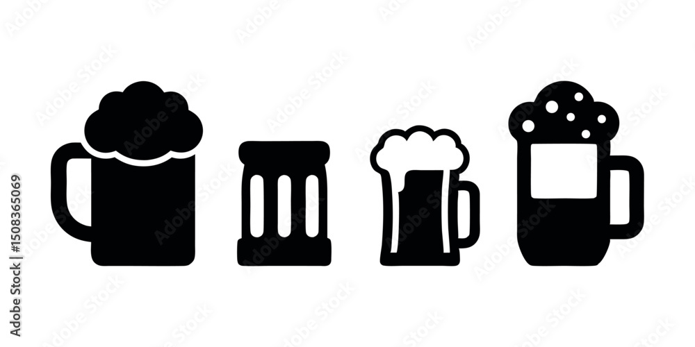 Fototapeta premium Beer Glass and Bottle Silhouettes, Pub & Brewery Vector Icons