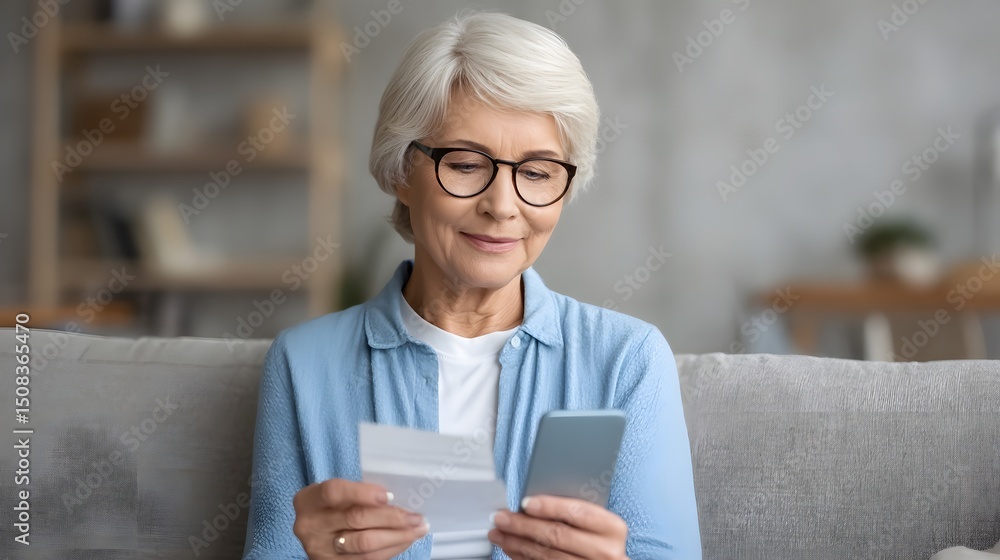 Elderly woman sitting on a home sofa using a smartphone to access digital tools and information for retirement planning tax management and other financial tasks Elderly woman sitting on a home sofa using a smartphone to access digital tools and information for retirement planning tax management and other financial tasks