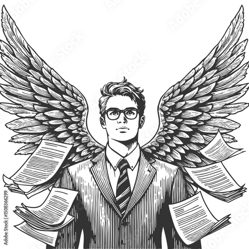 businessman angel with wings and halo moral leadership in business sketch engraving generative ai fictional character vector illustration. Scratch board imitation. Black and white image.