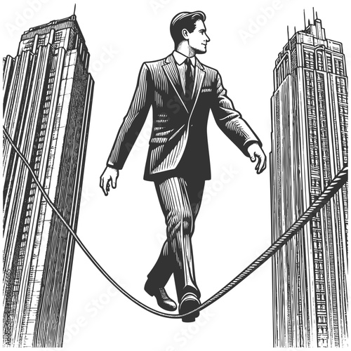 businessman balancing on a tightrope high above a city skyline, symbolizing risk, focus, and career pressure sketch engraving generative ai vector illustration. Scratch board. Black and white image.